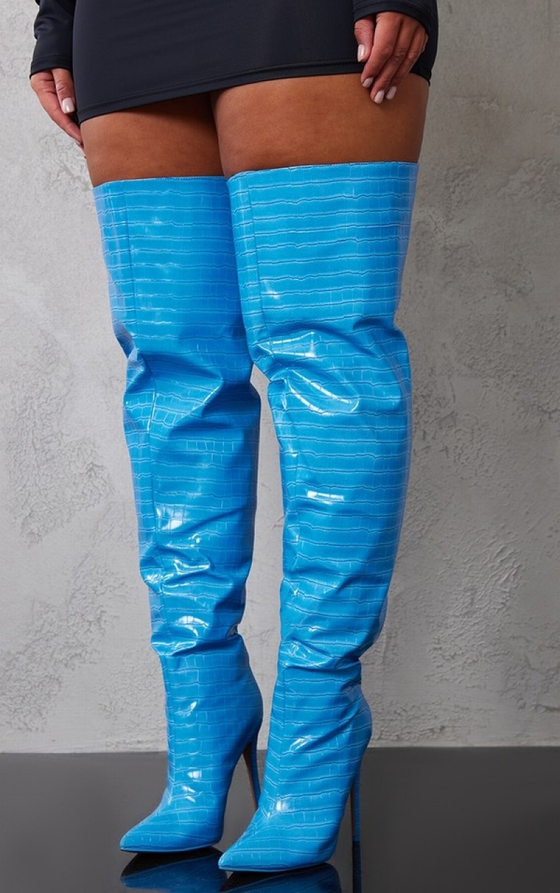 Blue Pretty Little Thing Pu Croc Point Toe Thick Thigh Highed Boots | ORSLKZV-37