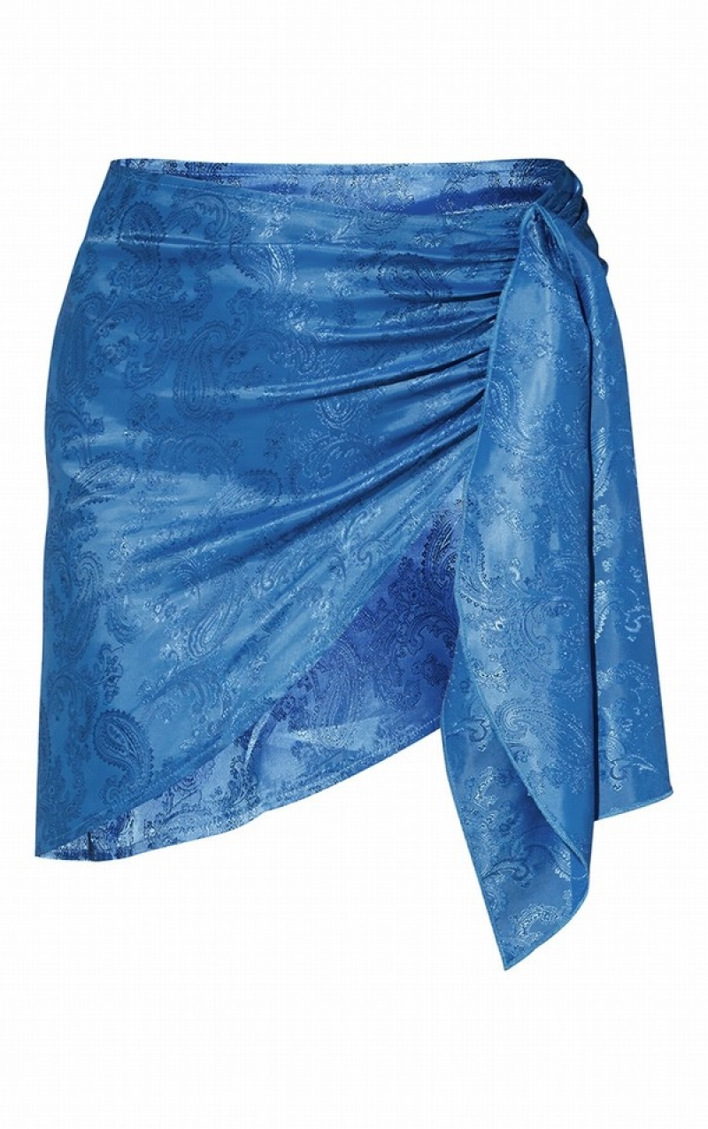 Blue Pretty Little Thing Satin Printed Side Tie Asymmetric Skirts | PCSIKLM-78