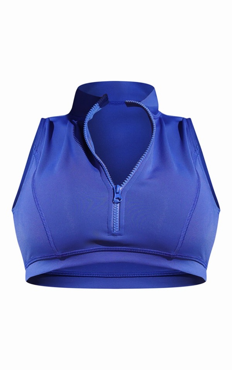 Blue Pretty Little Thing Scuba Contrast Stitch Zip Bikini Tops | GERUJIT-93