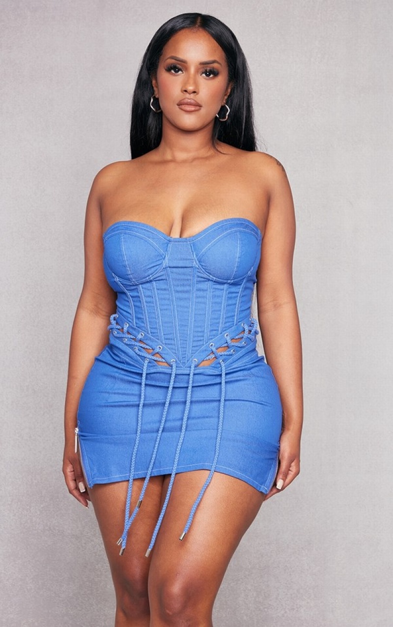 Blue Pretty Little Thing Shape Look Rope Detail Lace Up Corset Bodycon Dresses | ZREHLUT-12