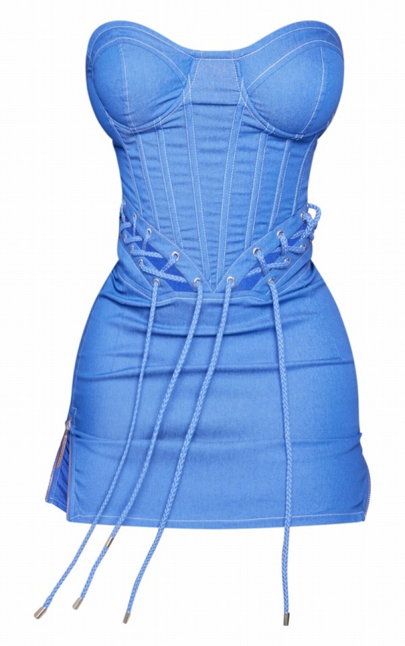 Blue Pretty Little Thing Shape Look Rope Detail Lace Up Corset Bodycon Dresses | ZREHLUT-12