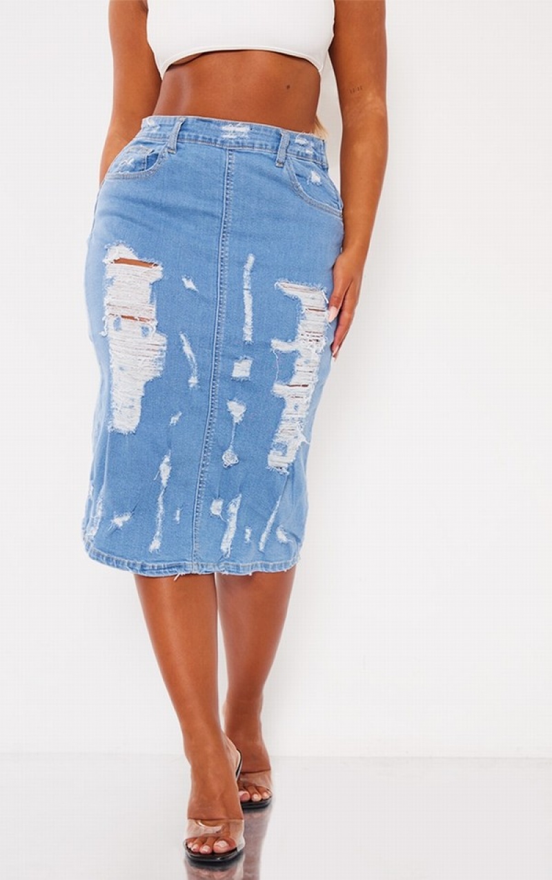 Blue Pretty Little Thing Shape Stretch Frayed Detail Skirts | JWSLEAQ-84