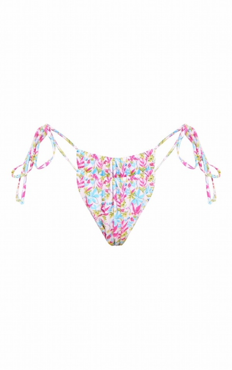 Blue Pretty Little Thing Sketched Floral Tie Side Bikini Bottoms | EZNTSPC-53