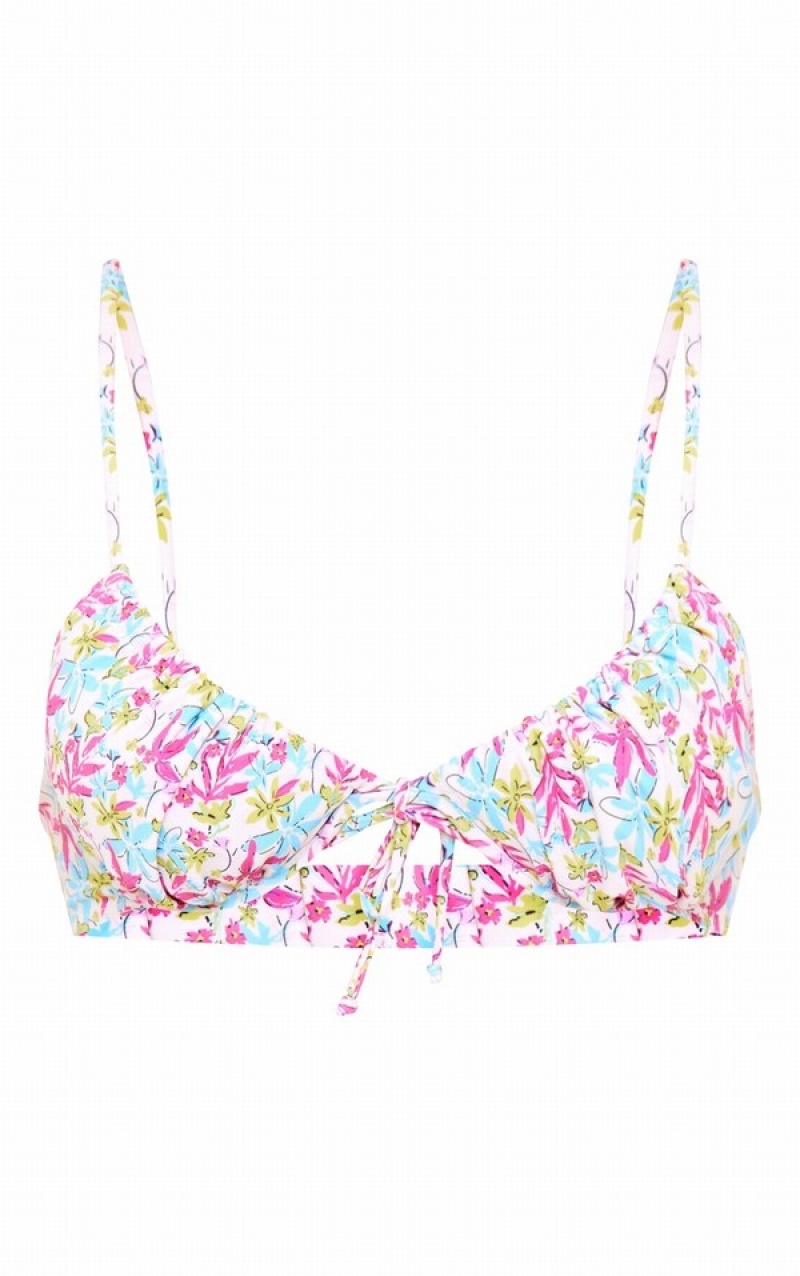 Blue Pretty Little Thing Sketched Flower Print UnderwiRuched Bikini Tops | JWXEPKY-95