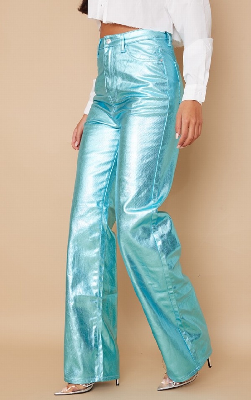 Blue Pretty Little Thing Tall Metallic Straight Leg Jeans | BIRYVML-80