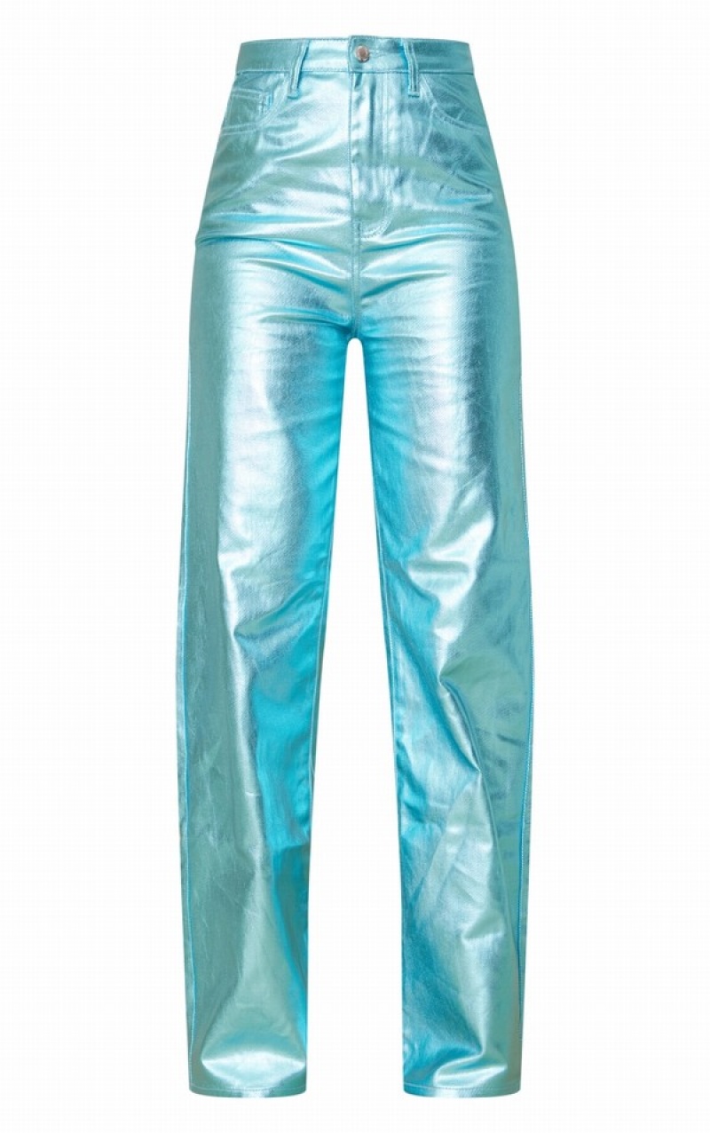 Blue Pretty Little Thing Tall Metallic Straight Leg Jeans | BIRYVML-80