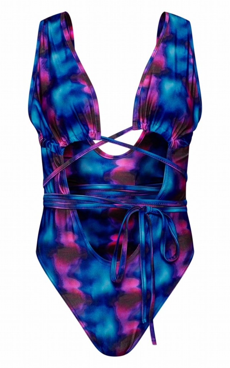 Blue Pretty Little Thing Tie Dye Print Cut Out Multiway Wrap Waist Plunge Swimsuits | OQKMPCE-15