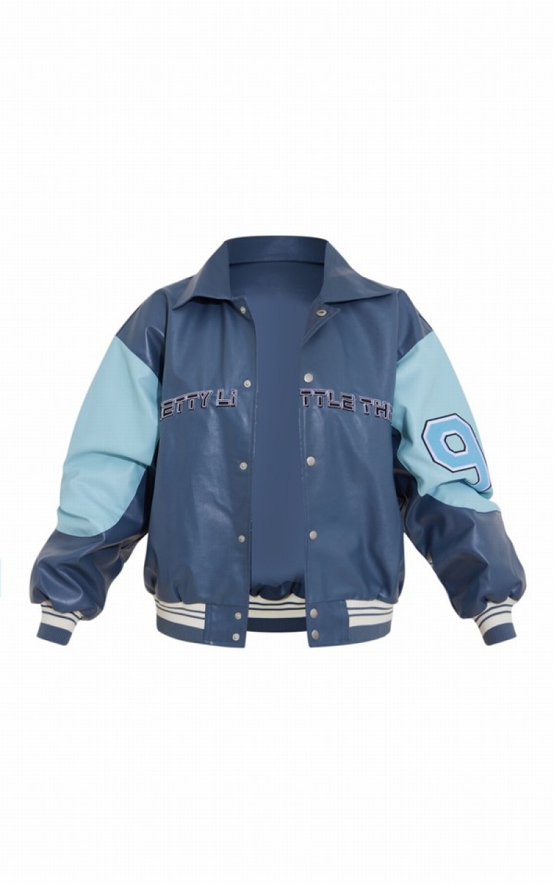 Blue Pretty Little Thing Worldwide Graphic Faux Leather Bomber Jackets | IHBTKYW-35