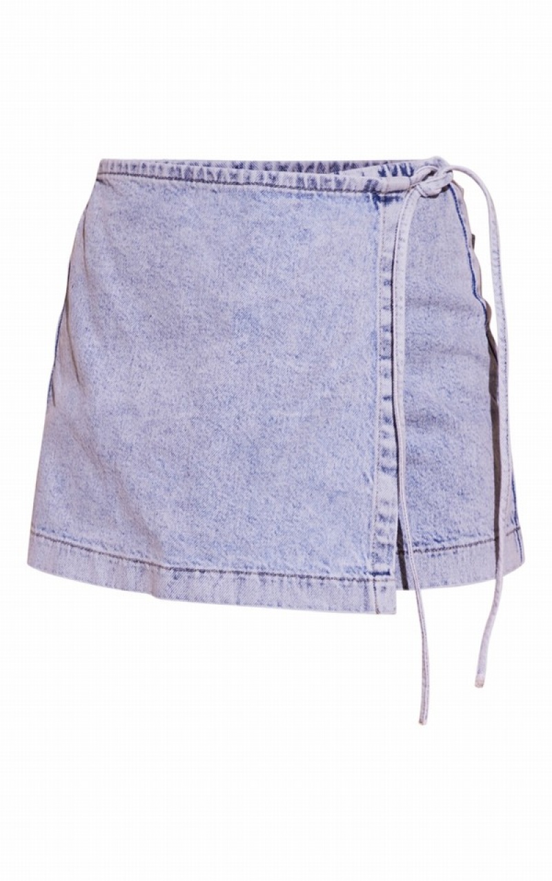 Blue / Wash Pretty Little Thing Acid Wash Wrap Detail Shorts | KZXBFIY-30