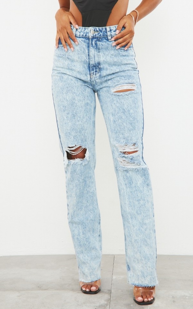 Blue / Wash Pretty Little Thing Acid Wash Ripped Long Leg Straight Jeans | YCXZFHO-60