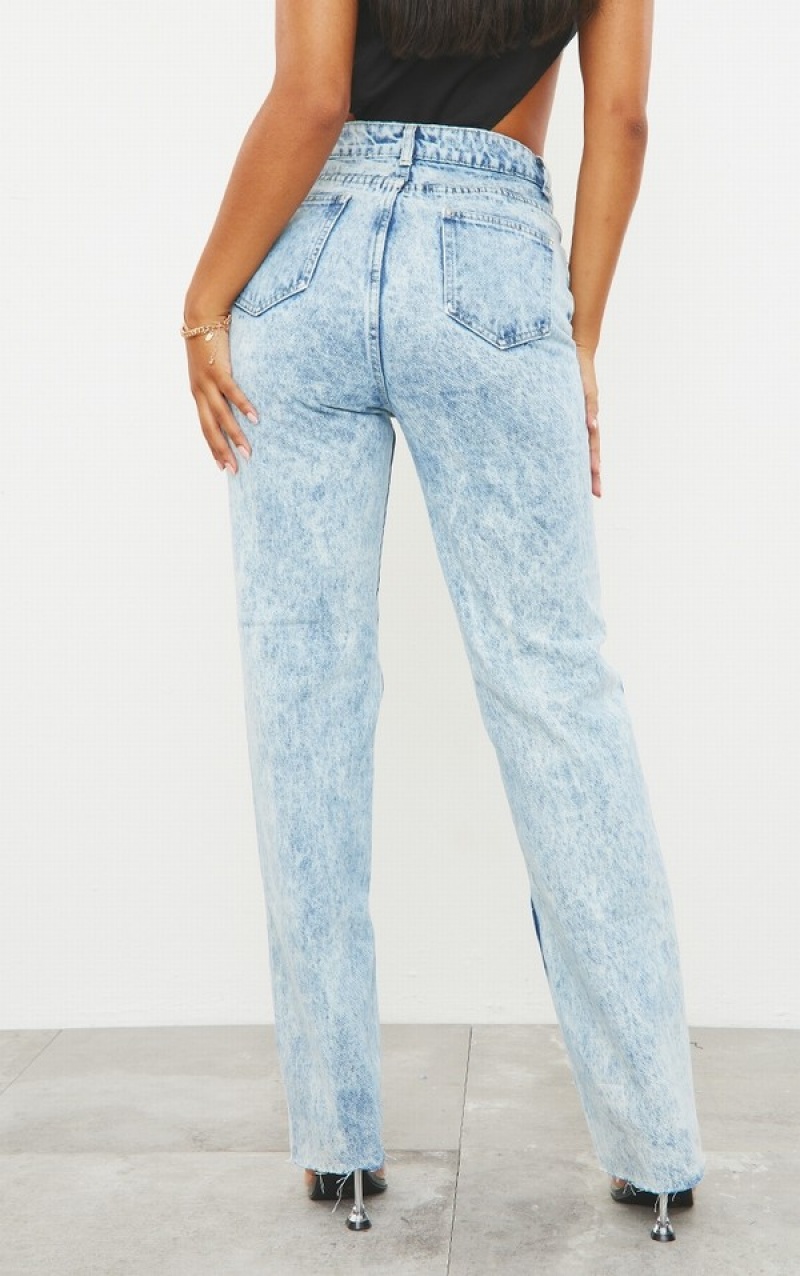 Blue / Wash Pretty Little Thing Acid Wash Ripped Long Leg Straight Jeans | YCXZFHO-60