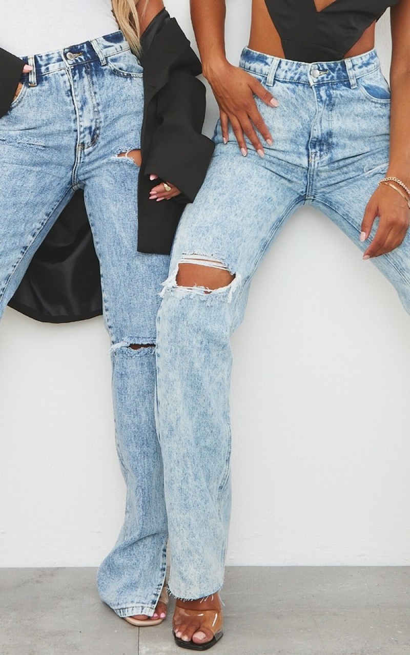 Blue / Wash Pretty Little Thing Acid Wash Ripped Long Leg Straight Jeans | YCXZFHO-60