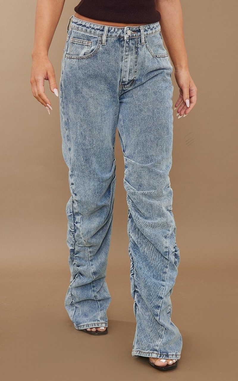 Blue / Wash Pretty Little Thing Acid Wash Ruched Leg Straight Leg Jeans | VRNWDEA-90