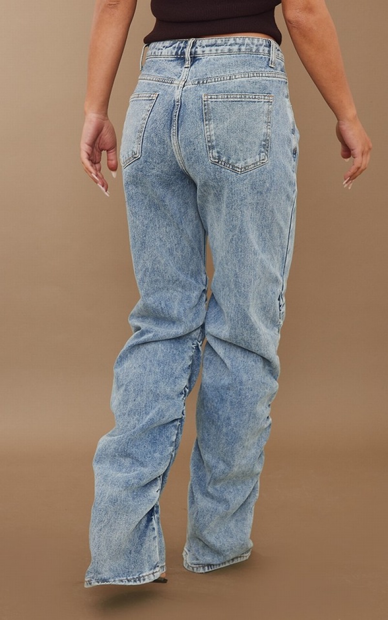 Blue / Wash Pretty Little Thing Acid Wash Ruched Leg Straight Leg Jeans | VRNWDEA-90