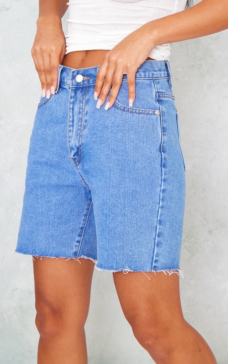 Blue / Wash Pretty Little Thing Mid Wash Longline Fitted Shorts | BERHXGQ-29