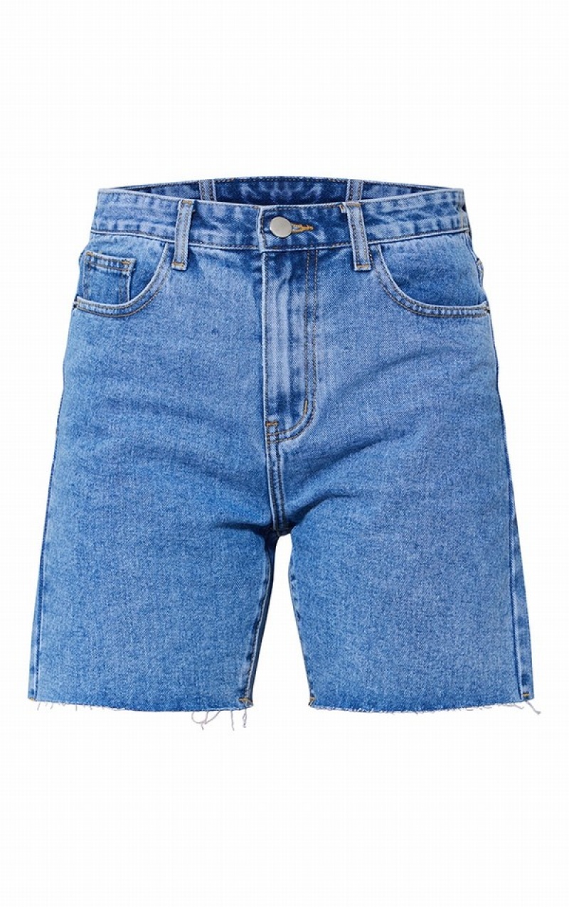 Blue / Wash Pretty Little Thing Mid Wash Longline Fitted Shorts | ZHXBFLV-95