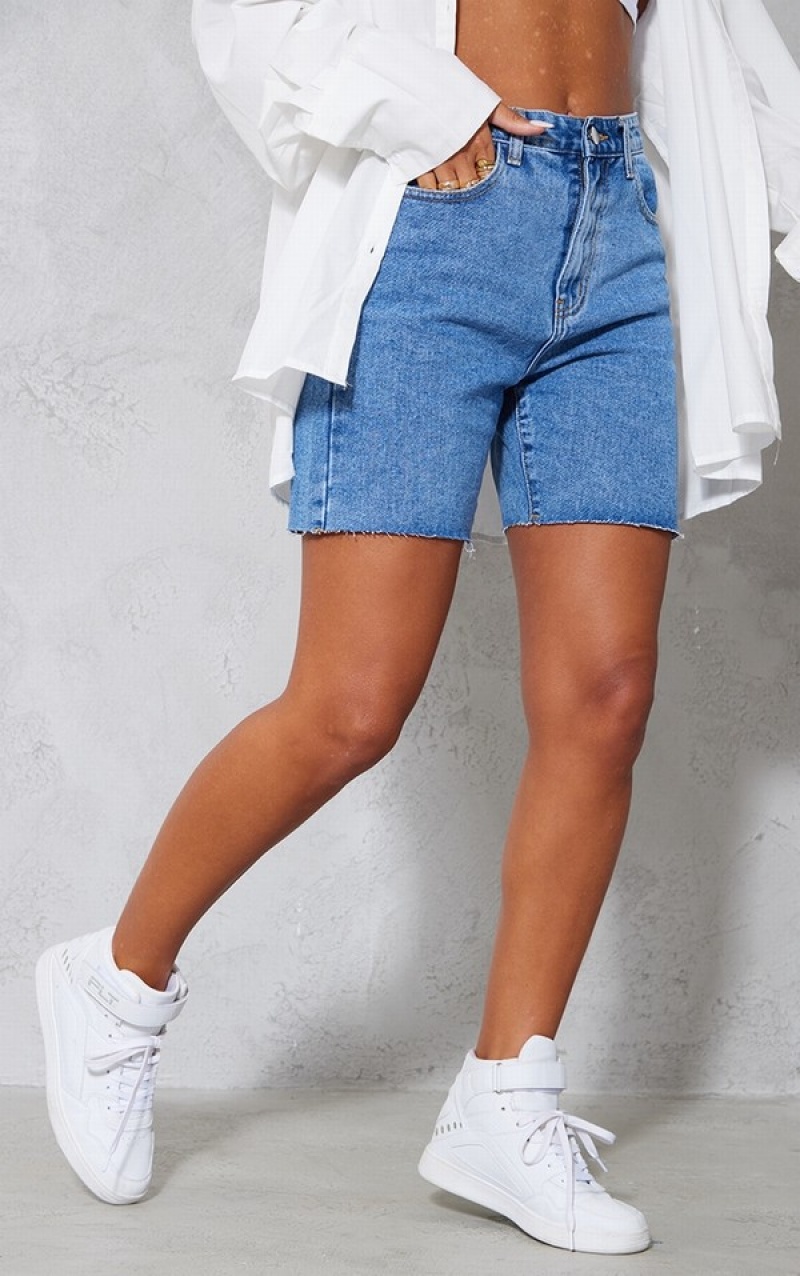 Blue / Wash Pretty Little Thing Mid Wash Longline Fitted Shorts | ZHXBFLV-95