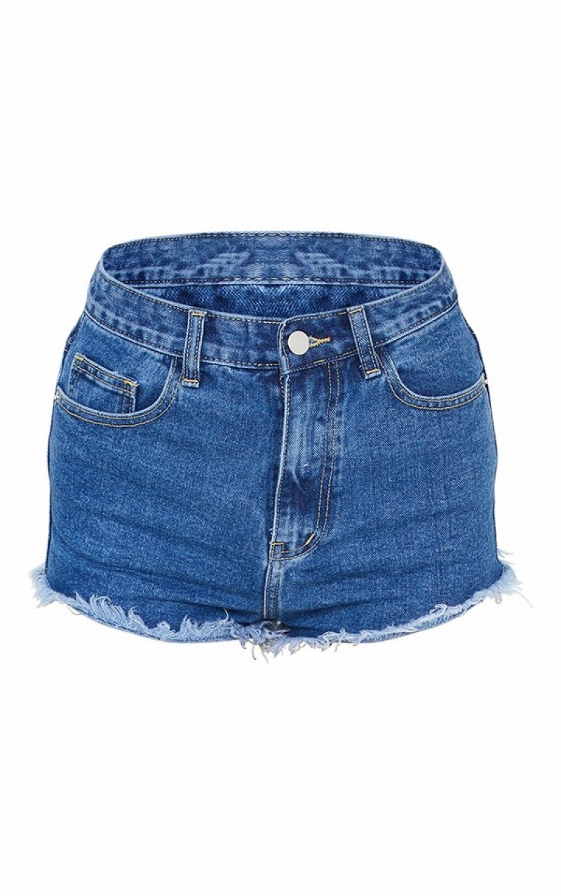 Blue / Wash Pretty Little Thing Mid Wash Frayed Hem Shorts | UKCFHPY-24