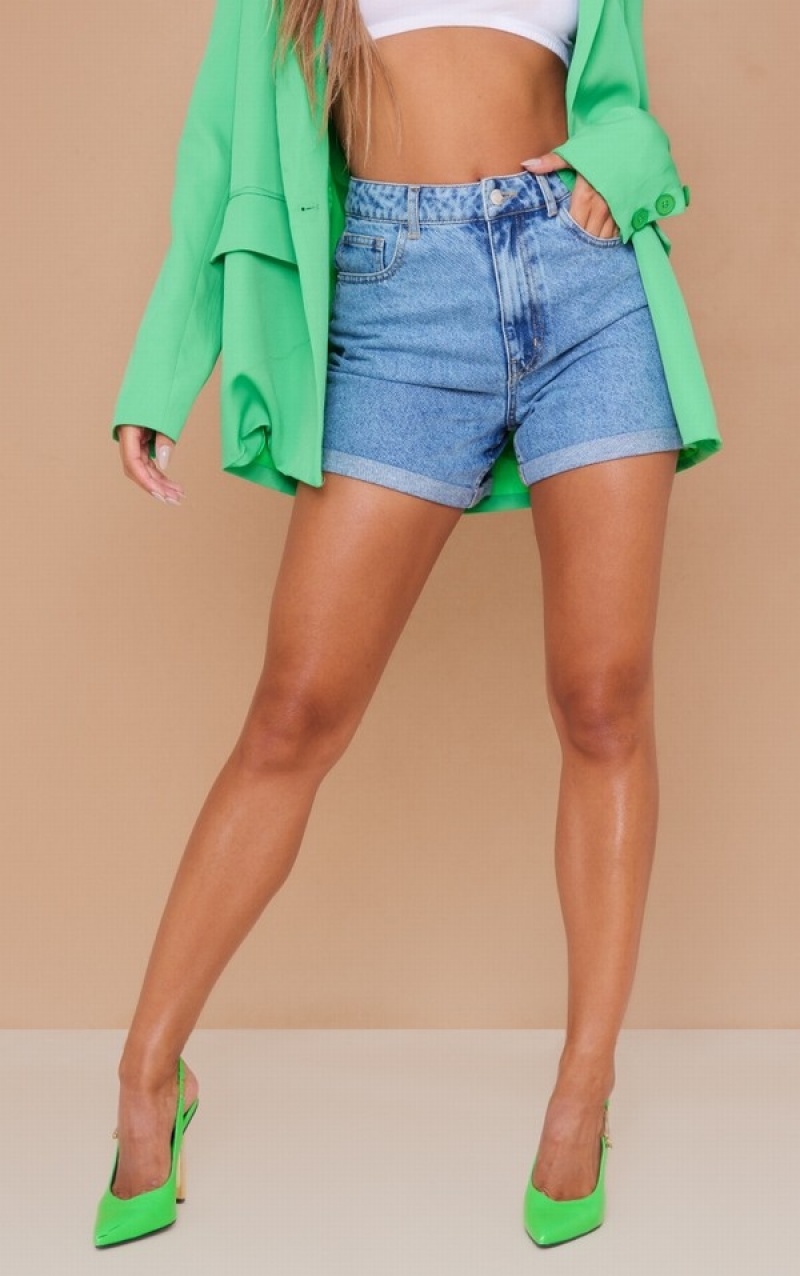 Blue / Wash Pretty Little Thing Mid Wash High Waisted Turn Up Mom Shorts | YIVXOJC-85