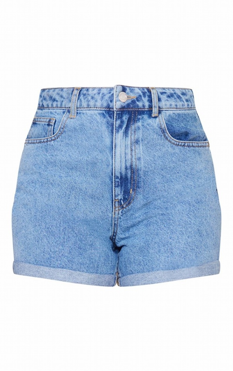 Blue / Wash Pretty Little Thing Mid Wash High Waisted Turn Up Mom Shorts | YIVXOJC-85