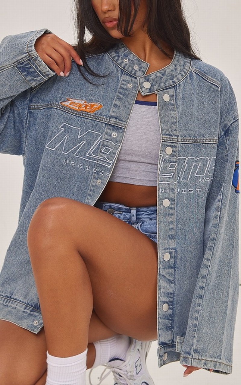 Blue / Wash Pretty Little Thing Mid Wash Racer Graphic Oversized Jackets | RYECITA-50