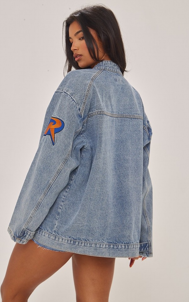 Blue / Wash Pretty Little Thing Mid Wash Racer Graphic Oversized Jackets | RYECITA-50