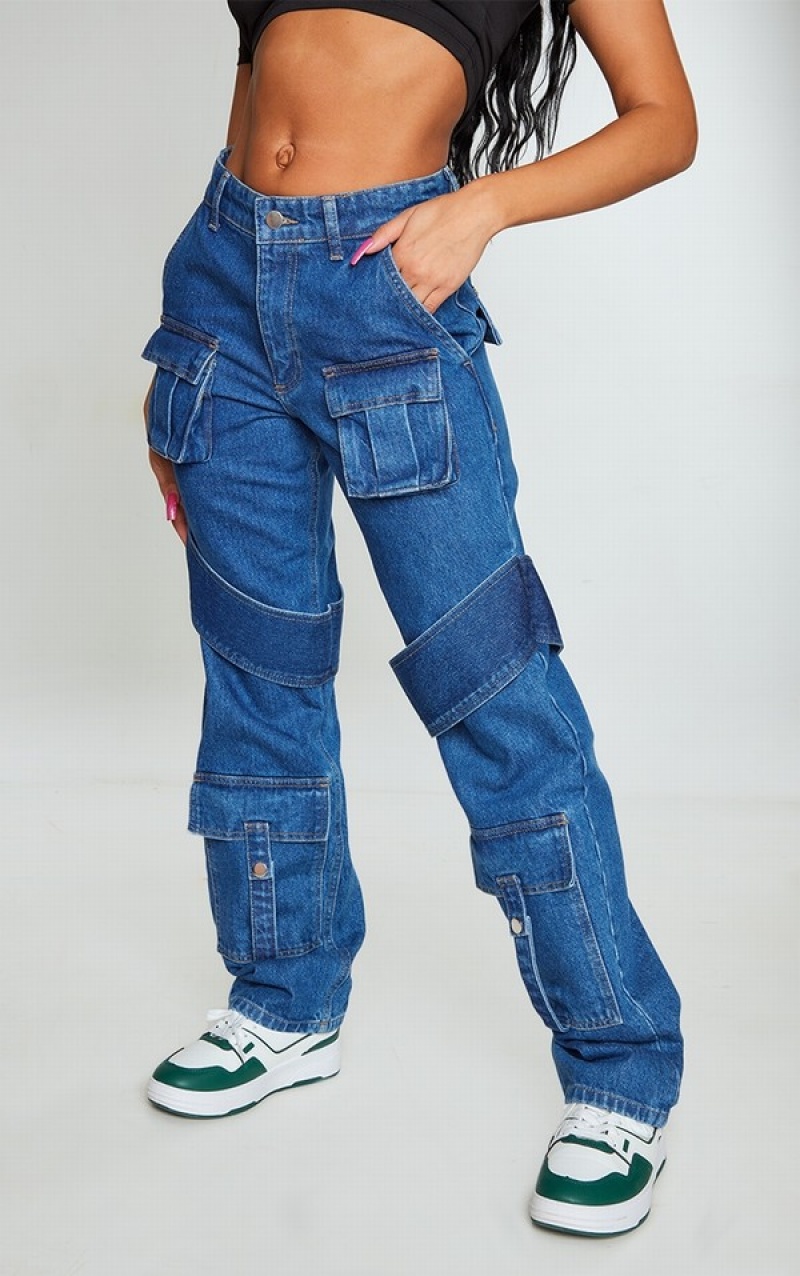 Blue / Wash Pretty Little Thing Mid Wash Strap Detail Cargo Pocket Wide Leg Jeans | THQFLBD-53