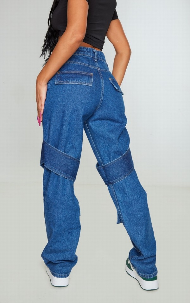 Blue / Wash Pretty Little Thing Mid Wash Strap Detail Cargo Pocket Wide Leg Jeans | THQFLBD-53