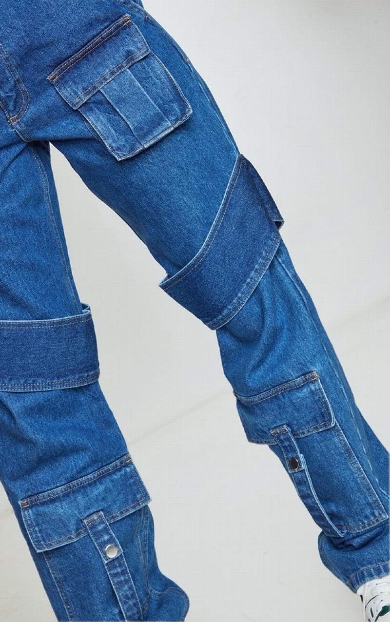 Blue / Wash Pretty Little Thing Mid Wash Strap Detail Cargo Pocket Wide Leg Jeans | THQFLBD-53