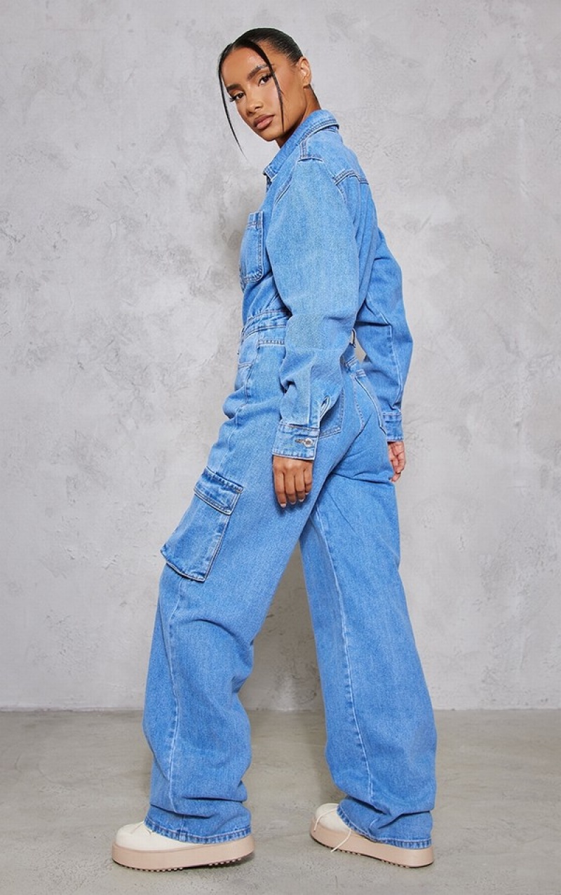 Blue / Wash Pretty Little Thing Mid Wash Cargo Pocket Detail Wide Leg Jeans | YFBPLQT-50