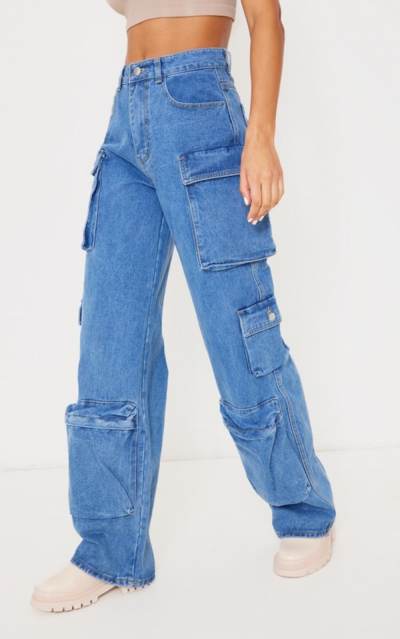 Blue / Wash Pretty Little Thing Mid Wash Cargo Pocket Detail Wide Leg Jeans | JCTDNIG-27