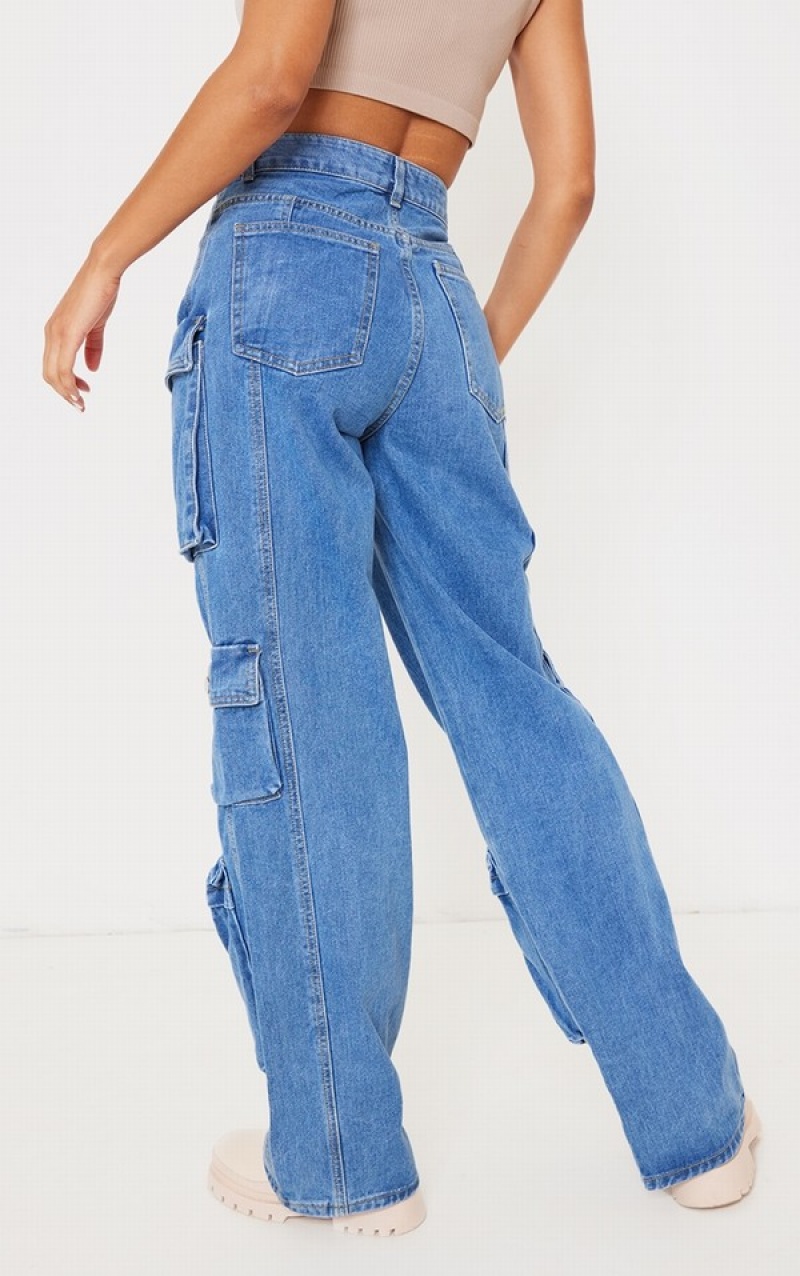 Blue / Wash Pretty Little Thing Mid Wash Cargo Pocket Detail Wide Leg Jeans | JCTDNIG-27