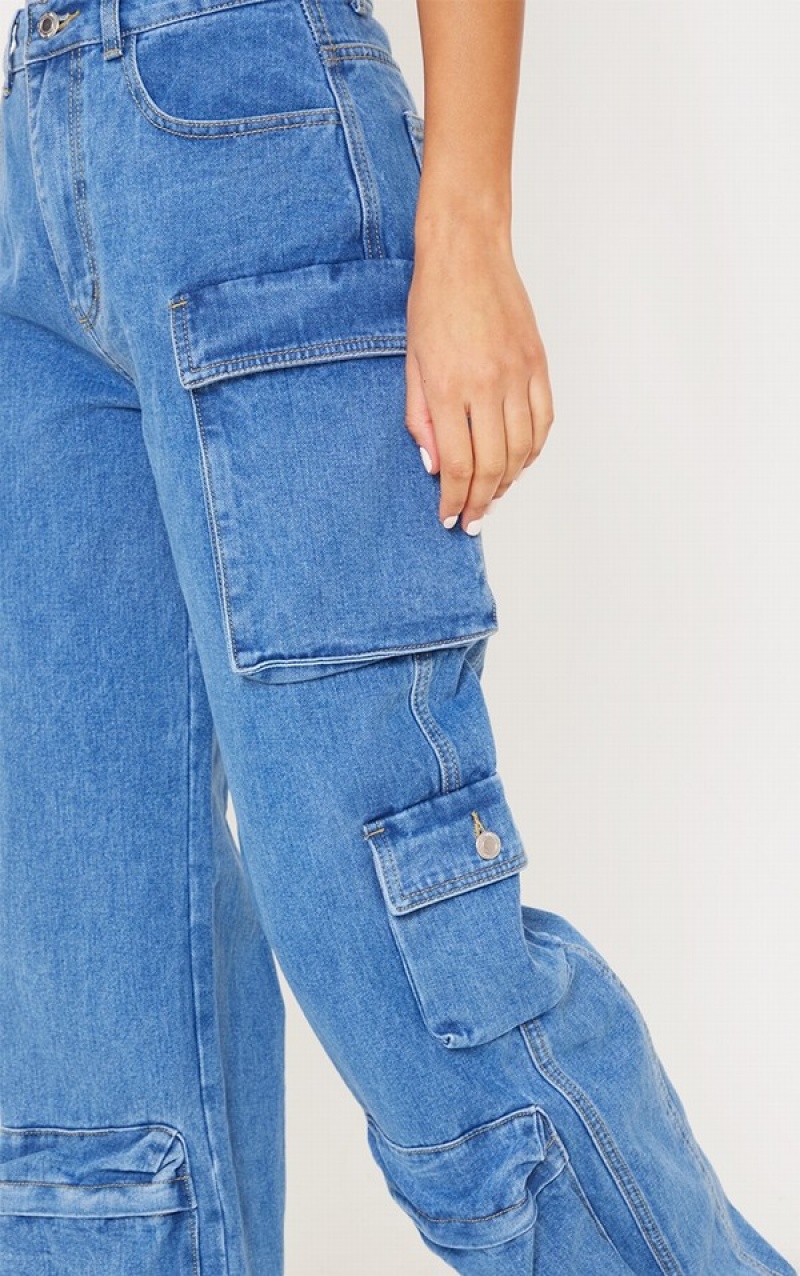 Blue / Wash Pretty Little Thing Mid Wash Cargo Pocket Detail Wide Leg Jeans | JCTDNIG-27