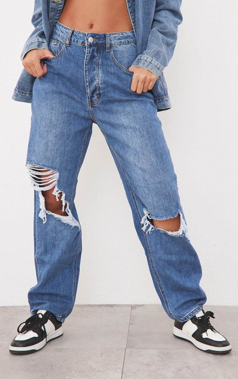 Blue / Wash Pretty Little Thing Mid Wash Knee Rip Boyfriend Jeans | ZTYVJXC-82