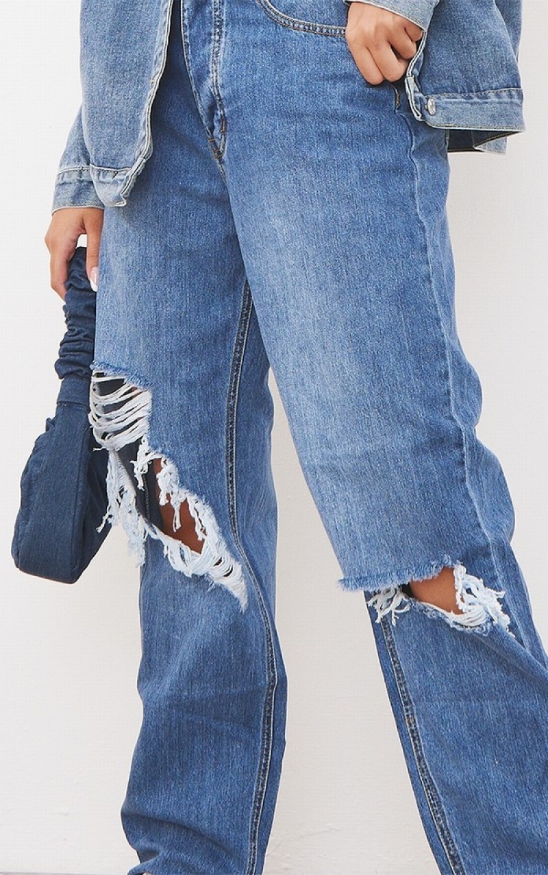 Blue / Wash Pretty Little Thing Mid Wash Knee Rip Boyfriend Jeans | ZTYVJXC-82