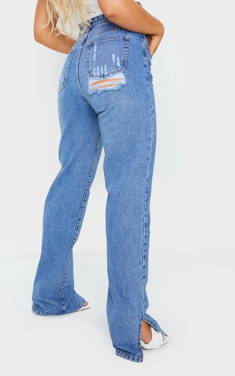 Blue / Wash Pretty Little Thing Mid Wash Split Hem With Bum Distress Jeans | MAURKYH-60