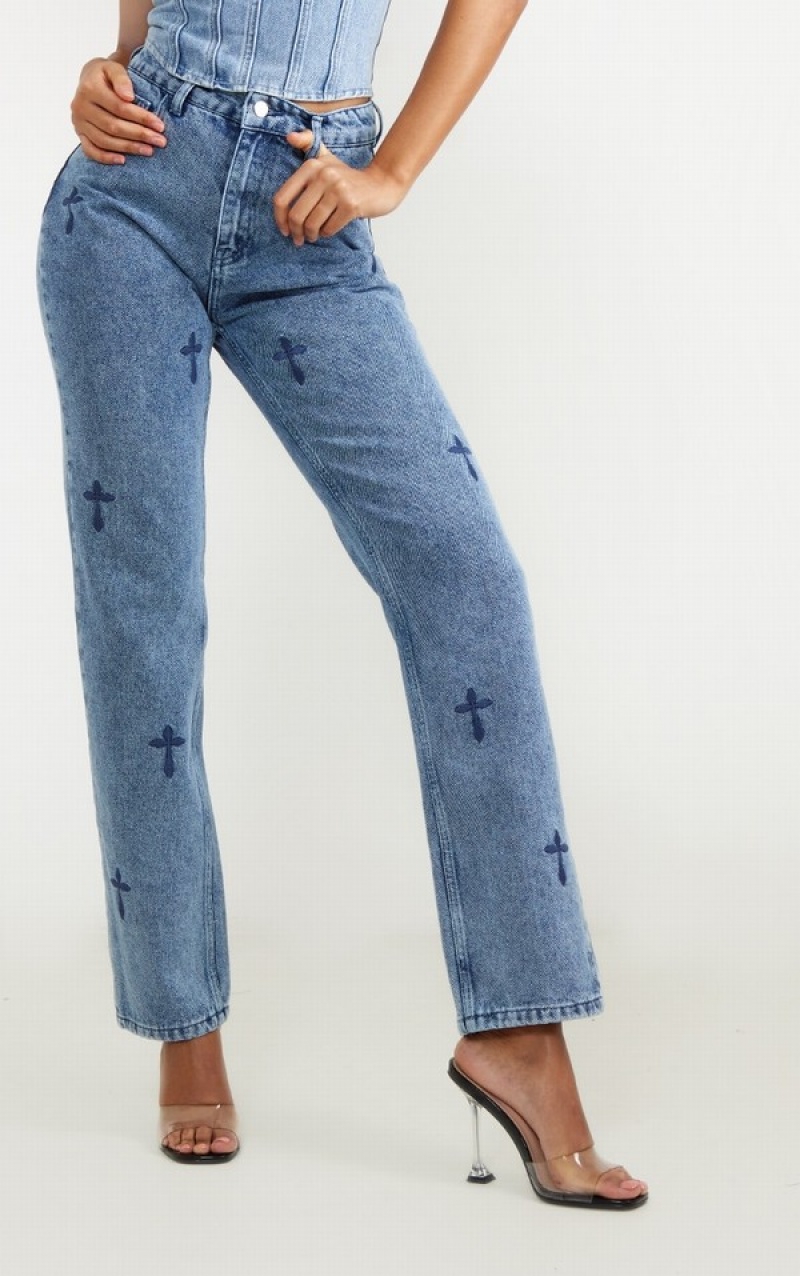 Blue / Wash Pretty Little Thing Mid Wash Cross Print Long Leg Straight Leg Jeans | ZNSXQMK-36