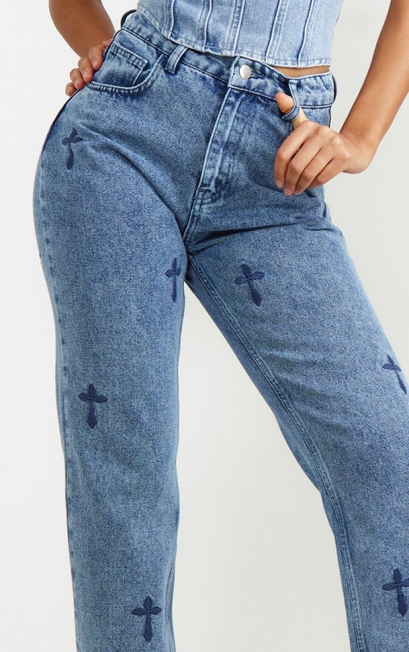 Blue / Wash Pretty Little Thing Mid Wash Cross Print Long Leg Straight Leg Jeans | ZNSXQMK-36