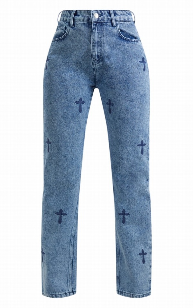 Blue / Wash Pretty Little Thing Mid Wash Cross Print Long Leg Straight Leg Jeans | ZNSXQMK-36