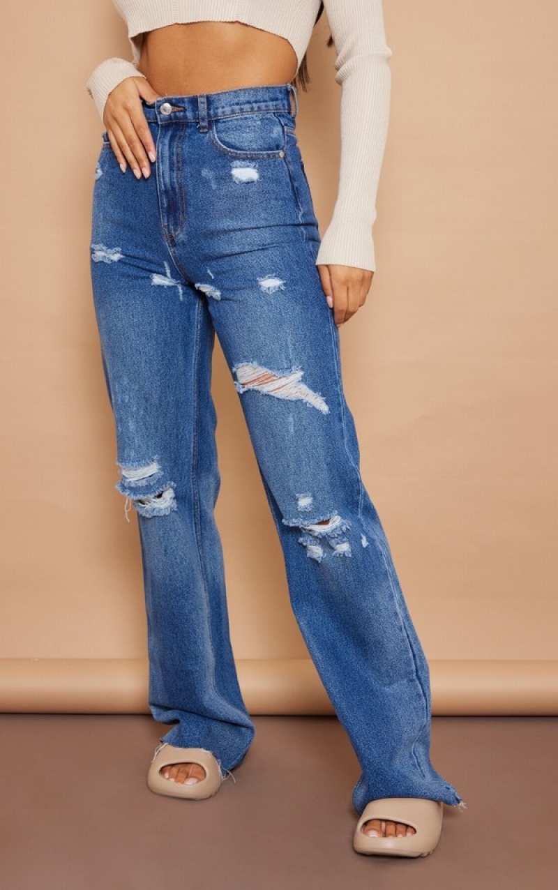 Blue / Wash Pretty Little Thing Mid Wash Raw Hem gy Wide Leg Jeans | QMIBCXP-40