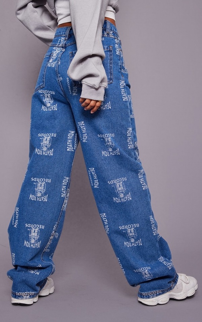 Blue / Wash Pretty Little Thing Mid Wash Deathrow Records Graphic Printed Wide Leg Jeans | GFONVHM-73