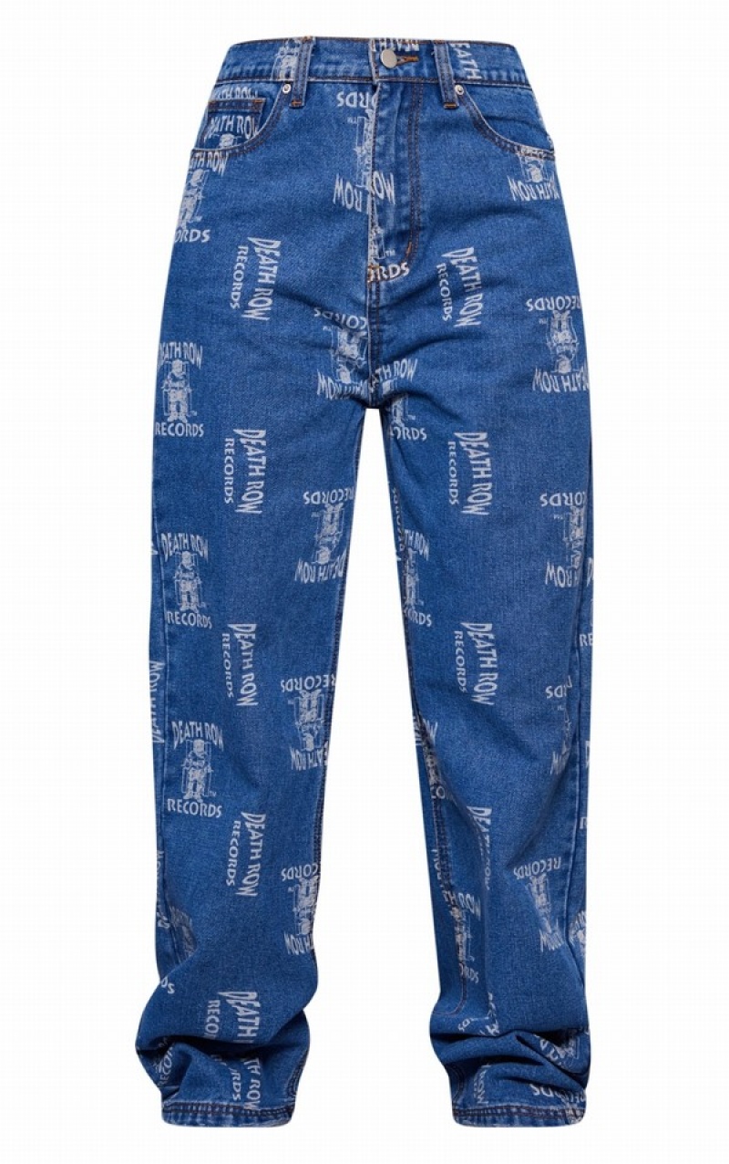 Blue / Wash Pretty Little Thing Mid Wash Deathrow Records Graphic Printed Wide Leg Jeans | GFONVHM-73