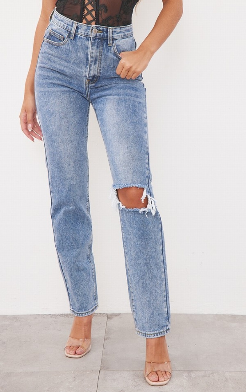 Blue / Wash Pretty Little Thing Mid Wash Open Knee Long Leg Straight Leg Jeans | QUMNTRC-49