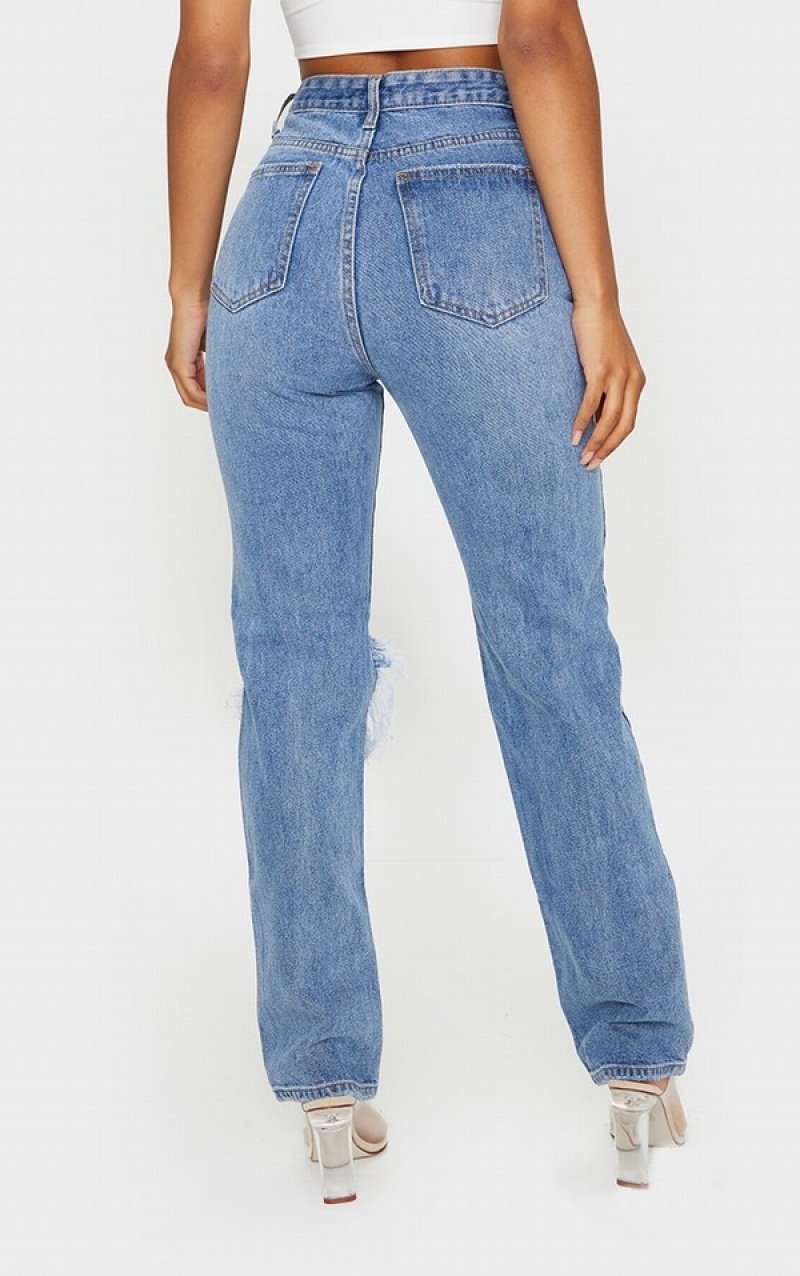 Blue / Wash Pretty Little Thing Mid Wash Open Knee Long Leg Straight Leg Jeans | QUMNTRC-49