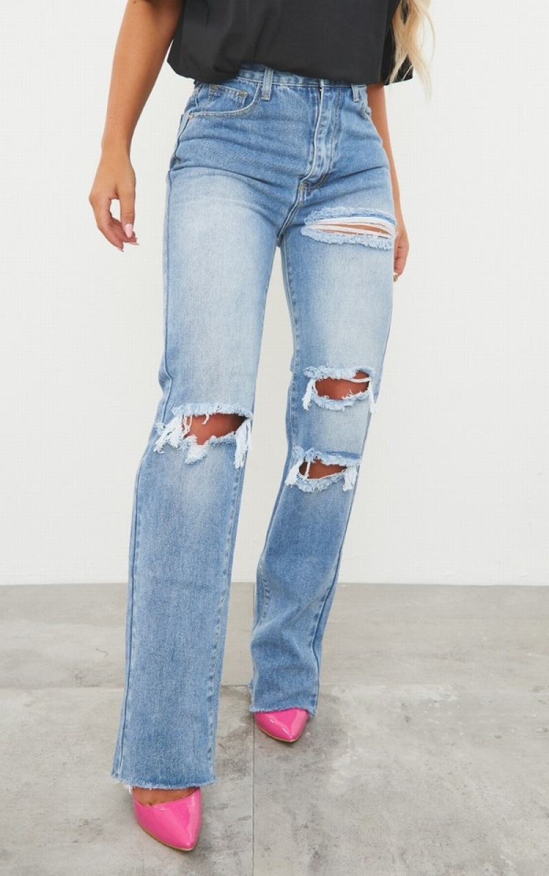 Blue / Wash Pretty Little Thing Mid Wash Ripped Long Leg Straight Jeans | XRIBOFG-03