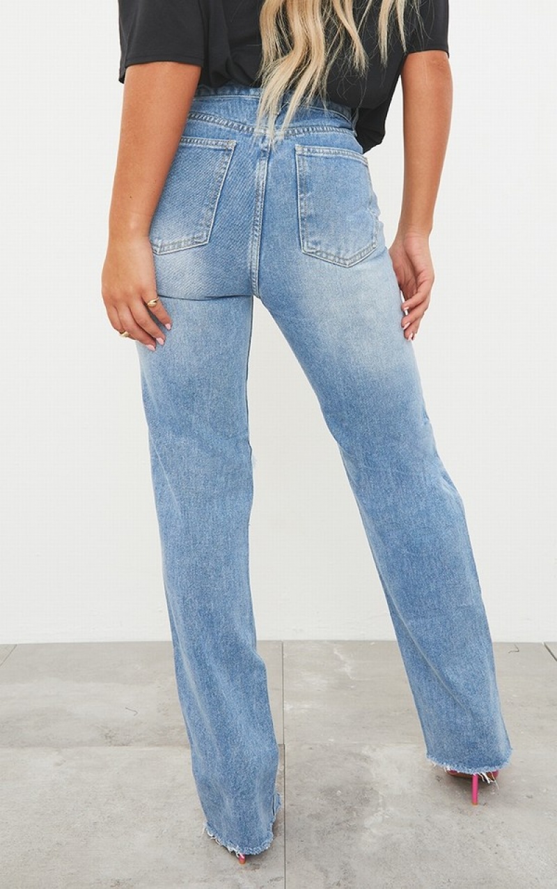 Blue / Wash Pretty Little Thing Mid Wash Ripped Long Leg Straight Jeans | XRIBOFG-03