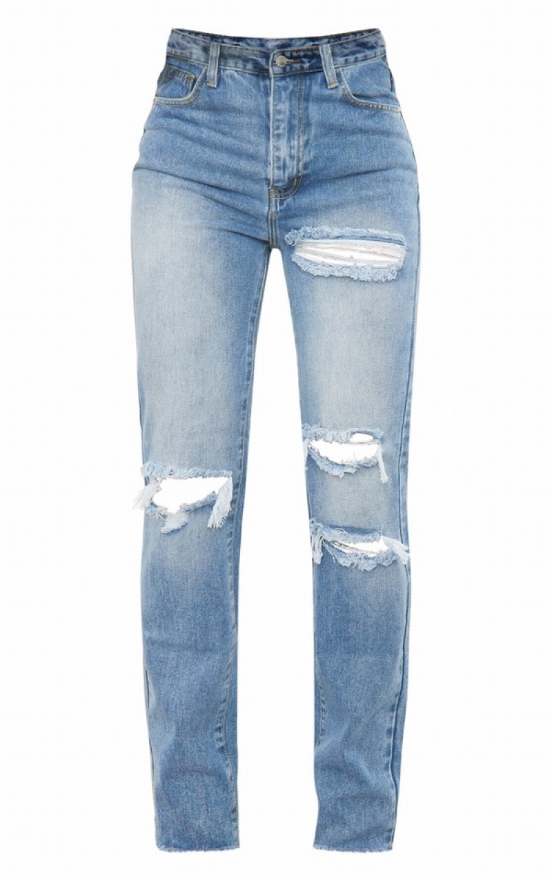 Blue / Wash Pretty Little Thing Mid Wash Ripped Long Leg Straight Jeans | XRIBOFG-03