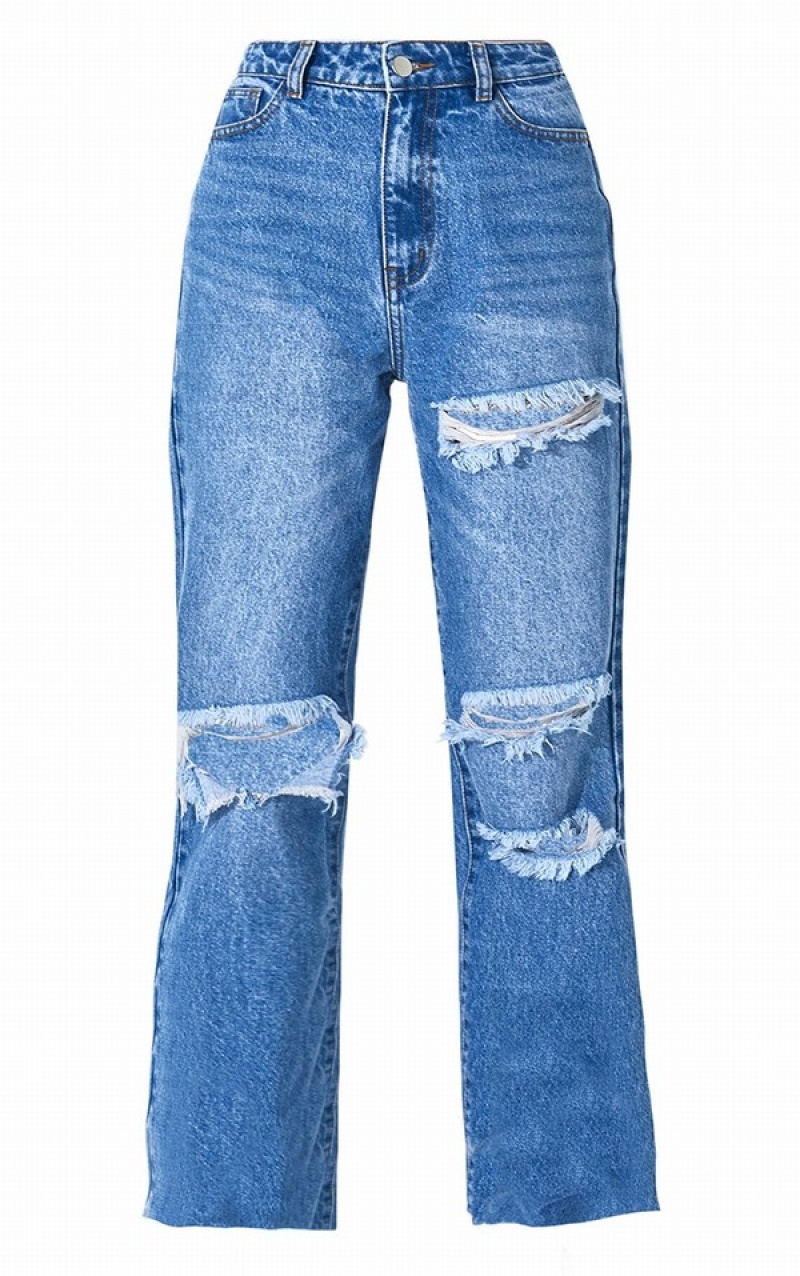 Blue / Wash Pretty Little Thing Mid Wash Ripped Long Leg Straight Jeans | XRIBOFG-03