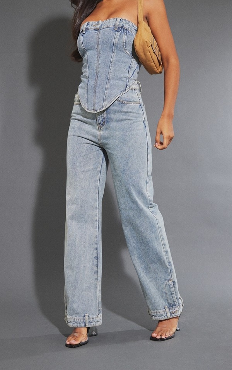 Blue / Wash Pretty Little Thing Mid Wash Waistband Detail Hem Straight Leg Jeans | NAWGURO-07