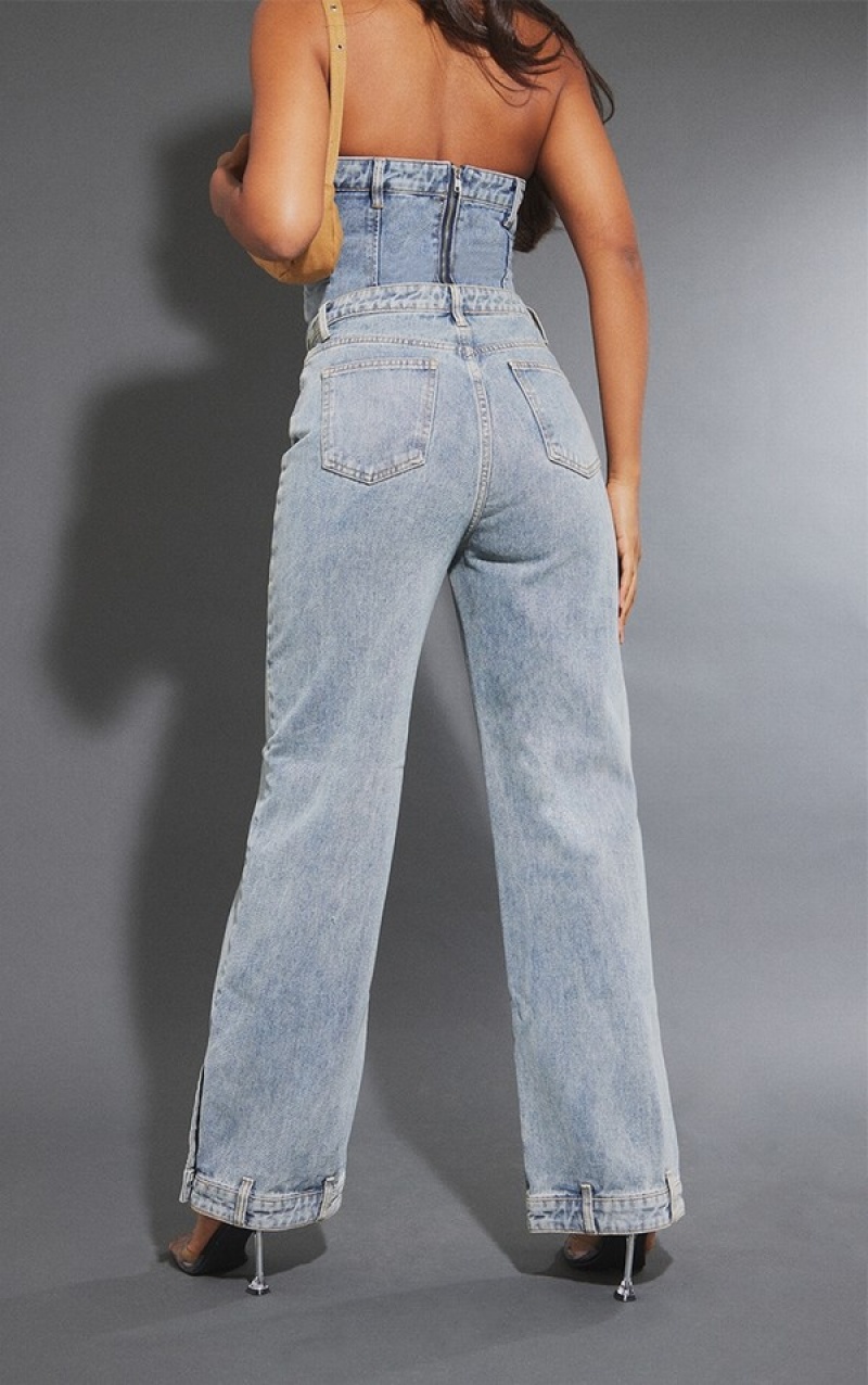 Blue / Wash Pretty Little Thing Mid Wash Waistband Detail Hem Straight Leg Jeans | NAWGURO-07